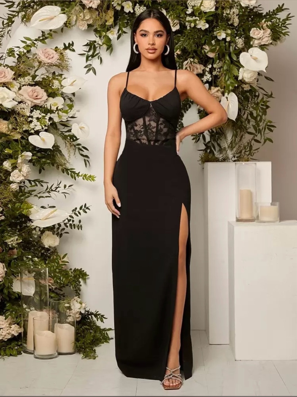 SHEIN Belle Size Medium 6 Black Lace Long Sleeveless Dressy Dress Prom Party